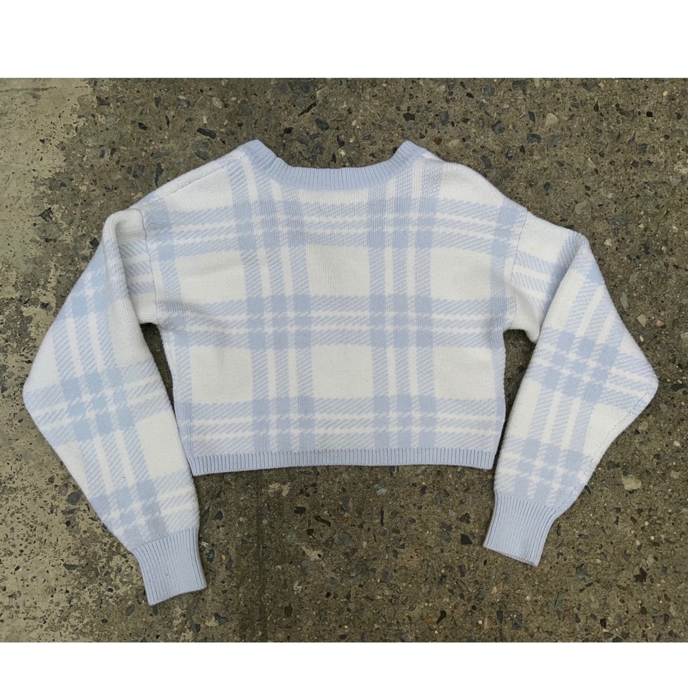 Hollister Blue White Plaid Cropped Cardigan Sweater Buttons V-Neck Womens Small - Picture 9 of 10
